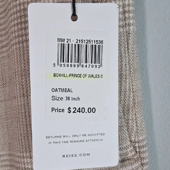 Reiss Linen Beige Cream Plaid Dress Pants 36x32